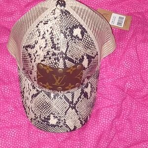 NWT Upcycled Designer LV ponytail snakeskin print hat